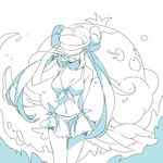  adjusting_headwear bikini breasts cleavage double_bun front-tie_top gen_5_pokemon grin jellicent long_hair medium_breasts mei_(pokemon) monochrome nana0813 pokemon pokemon_(creature) pokemon_(game) pokemon_bw2 side-tie_bikini smile swimsuit twintails very_long_hair visor_cap water 