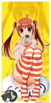  ahoge blush brown_eyes brown_hair cat cup dr_rex holding long_hair original outline sitting solo striped striped_legwear sweater thighhighs twintails zoom_layer 