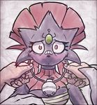  bandage bell blush breasts cleavage clothed clothing disembodied_hand disembodied_hands elgiza female hands human looking_at_viewer mammal necklace nintendo pok&#233;mon pok&#233;morph pok&eacute;mon red_eyes soothe_bell teckworks video_games weavile 