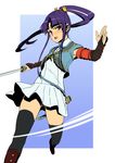  eiyuu_senki highres katana long_hair minamoto_no_yoshitsune_(eiyuu_senki) ponytail purple_eyes solo soxkyo sword thighhighs weapon 