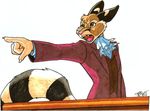  4_fingers ace_attorney cacomistle chester_ringtail_magreer claws clothed clothing cosplay fangs furrification male mammal miles_edgeworth objection! open_mouth phoenix_wright pink_nose plain_background pointing ringed_tail solo standing teeth terrie_smith tongue white_background 
