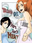  2girls black_hair bleach blue_eyes breasts fence flat_chest hot_springs inoue_orihime kubo_taito kubo_tite kuchiki_rukia large_breasts looking_at_viewer multiple_girls onsen orange_eyes orange_hair short_hair smile steam towel wet 