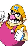  brown_hair cap clenched_hand facial_hair fist gloves grin hat lowres made_in_wario male male_focus mustache nintendo smile solo super_mario_bros. suspenders teeth thumbs_up wario wario_land warioware white_background 