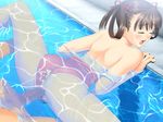  1boy 1girl bare_shoulders bent_over blush brown_hair censored cum ejaculation eyes_closed long_hair open_mouth outdoors penis sex sora_no_iro_mizu_no_iro sorayama_natsume swimsuit tanaka_takayuki underwater_sex vaginal water 