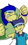 2boys a._coz b._coz blue blue_eyes blue_hair clenched_hand error fist hat looking_at_viewer lowres male male_focus mario_(series) mario_tennis multiple_boys muscle nintendo sharp_teeth super_mario_bros. teeth thumbs_down white_background wristband 