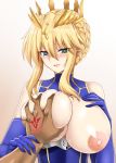  1girl areolae artoria_pendragon_(all) artoria_pendragon_(lancer) bangs bare_shoulders blonde_hair blue_eyes blue_gloves blue_leotard blush braid breast_grab breasts breasts_outside command_spell crown crown_braid deep_skin elbow_gloves fate/grand_order fate_(series) french_braid gloves grabbing gradient gradient_background guided_breast_grab hair_between_eyes hand_on_own_chest heart heart-shaped_pupils hellandheaven highres hypnosis large_breasts leotard long_hair looking_at_viewer mind_control nipples parted_lips pov sidelocks smile symbol-shaped_pupils upper_body 