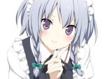  blush braid commentary_request finger_to_cheek frills izayoi_sakuya jpeg_artifacts light_smile looking_at_viewer maid maid_headdress peko purple_eyes ribbon silver_hair smile solo touhou twin_braids 