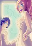  2girls absurdres black_hair bleach blue_eyes breasts eyes flat_chest hair highres hot_springs inoue_orihime kubo_taito kuchiki_rukia large_breasts long_hair looking_at_viewer multiple_girls naked_towel onsen orange_hair purple_eyes short_hair smile steam towel wet 