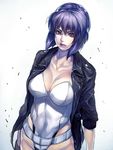  breasts cleavage fingerless_gloves ghost_in_the_shell ghost_in_the_shell_stand_alone_complex gloves highres irohara_mitabi jacket kusanagi_motoko large_breasts leotard lips looking_at_viewer purple_hair red_eyes short_hair solo 
