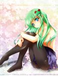  blue_eyes breasts frog_hair_ornament green_hair hair_ornament kochiya_sanae leg_hug long_hair medium_breasts pantyhose pleated_skirt shindou_hayato sitting skirt solo thighband_pantyhose topless touhou 