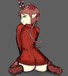  :t antlers ass bottomless brown_hair c_(control) duckbro flower from_behind green_eyes hair_flower hair_ornament horns mashu_(control) naked_sweater non-web_source pointy_ears red_eyes ribbed_sweater simple_background sitting socks solo sweater wariza 