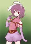  alternate_costume bangle belt bracelet carrot carrot_necklace colorized elbow_gloves gloves inaba_tewi jewelry necklace non-web_source off_shoulder orz_(orz57) pendant purple_hair red_eyes short_hair shorts smile solo suspenders touhou 