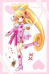  aida_mana blonde_hair blush boots bow card cure_heart dokidoki!_precure hair_ornament half_updo heart heart_hair_ornament hiyopuko knee_boots long_hair magical_girl pink_bow pink_eyes pink_footwear pink_sleeves ponytail precure smile solo 