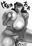  areolae bangs blush breasts breasts_outside cowboy_shot crotch_rub doomcomic glasses highres huge_breasts large_areolae large_breasts long_hair masturbation no_bra open_mouth panties penguindou plump simple_background skirt solo sweat tongue_out white_background 