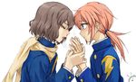  bad_id bad_pixiv_id blue_eyes blush brown_hair closed_eyes gakuran inazuma_eleven_(series) inazuma_eleven_go kirino_ranmaru kyou_(nodobotokemax) lightning_bolt male_focus multiple_boys open_mouth pink_hair raimon raimon_school_uniform school_uniform shindou_takuto twintails white_background 