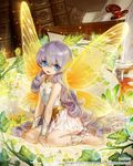  :d ancient_fairy artist_name bare_shoulders barefoot blue_eyes book butterfly_wings dress fairy jane_mere jewelry light_particles long_hair minigirl necklace open_mouth pointy_ears silver_hair sitting smile solo tenkuu_no_crystalia very_long_hair watermark wings 