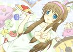  bell_pepper blue_eyes blush breasts brown_hair dead_or_alive dutch_angle food hairband hitomi_(doa) ketchup koshirou large_breasts lettuce long_hair nail_polish naked_shirt omelet pepper personification plate refrigerator shirt solo t-shirt toast tomato v 