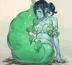  black_hair blue_eyes blue_skin blush breasts c.cu caterpillar clothed clothing female hair hair_ornament insect leaves shock shocked short_hair skimpy surprise 