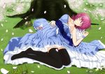  bad_id bad_pixiv_id black_legwear breasts cherry_blossoms cleavage closed_eyes hat hat_removed headwear_removed highres japanese_clothes large_breasts lemoo lying petals pink_hair saigyouji_yuyuko sash sleeping solo thighhighs touhou tree triangular_headpiece under_tree wide_sleeves 