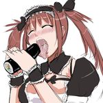  1girl airi airi_(queen's_blade) blush eyes_closed maid maid_headdress miyana open_mouth queen&#039;s_blade queen's_blade saliva sexually_suggestive sushi tongue tongue_out twintails 