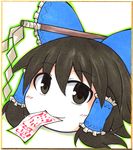  black_eyes black_hair bow gohei hair_bow hair_tubes hakurei_reimu mochizuki_ado mouth_hold no_humans player_2 shikishi sidelocks solo touhou traditional_media yukkuri_shiteitte_ne 