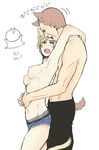  1girl animal_ears bad_id bad_pixiv_id blonde_hair blue_eyes blush breasts brown_hair buzz_cut cat_ears cat_tail couple cutoffs denim denim_shorts dog_ears height_difference hetero hug hug_from_behind jake_muller kemonomimi_mode large_breasts niisan_alpha nipples open_mouth resident_evil resident_evil_6 scar sherry_birkin shirtless short_hair short_shorts shorts tail topless translation_request 