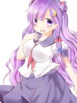  alternate_costume blush bow breasts crescent crescent_hair_ornament hair_bow hair_ornament large_breasts long_hair no_hat no_headwear open_mouth patchouli_knowledge purple_eyes purple_hair school_uniform serafuku skirt solo touhou yucchan_(drizzle_star) 