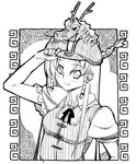  braid chinese_clothes dragon eastern_dragon greyscale hat hong_meiling horns long_hair monochrome open_mouth puffy_sleeves short_sleeves smile solo touhou twin_braids uemukai_dai 