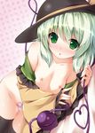  :o bare_shoulders black_legwear blush bottomless collarbone flat_chest green_eyes green_hair hat hat_ribbon heart_pasties komeiji_koishi looking_at_viewer lying nipples nironiro off_shoulder on_side pasties ribbon short_hair solo thighhighs third_eye touhou 