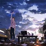  album_cover arm_up bad_id bad_pixiv_id barefoot bed black_hair breath cage chair cloud cover denim desk floor folded_glasses glasses jeans kurono_kuro lantern leaf letter love_letter male_focus monitor original pants paper sky solo speaker 