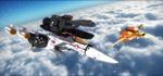  80s aircraft airplane bad_id bad_pixiv_id cannon cloud energy_gun flying gunpod highres jet jolly_roger macross macross:_do_you_remember_love? mecha mikotosiara0 missile no_humans oldschool radiation_symbol realistic science_fiction space_craft star_(sky) u.n._spacy variable_fighter vf-1 vf-1_strike vt-1_super weapon 