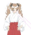  commentary_request eye_beam flying_sweatdrops hair_ornament hairclip hands_on_hips japanese_clothes miko open_mouth original peko sketch solo twintails 