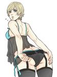  adjusting_clothes adjusting_panties ass babydoll back bad_id bad_pixiv_id black_legwear blonde_hair blue_eyes blush breasts from_behind garter_belt lingerie looking_back medium_breasts negligee niisan_alpha panties resident_evil resident_evil_6 see-through sherry_birkin short_hair sideboob solo thighhighs underwear 