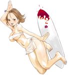  barefoot breasts brown_hair kazaana keychain large_breasts navel original short_hair solo surfboard sweat towel 