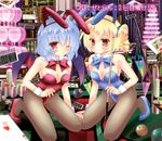  ;o alternate_costume animal_ears ball bat_wings black_legwear blonde_hair blue_hair blue_leotard blush breasts bunny_ears bunnysuit card fake_animal_ears flandre_scarlet glass heart kneeling leotard looking_at_viewer medium_breasts multiple_girls one_eye_closed pantyhose pekopokox playing_card poker_chip red_eyes red_leotard remilia_scarlet short_hair side_ponytail smile touhou wings 