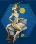  ambiguous_gender antelope anthro armband blue_background brown_hair chair dragon e621 ear_piercing ecmajor flat_chested green_eyes hair hooves horn hybrid looking_at_viewer mascot nude piercing plain_background pose signature sitting solo 