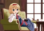  alice_margatroid black_eyes blonde_hair blush book bookshelf boots capelet couch cross-laced_footwear cup curtains dress drooling hairband haruna_mao lace-up_boots looking_at_viewer lying md5_mismatch solo table teacup touhou 