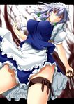  apron between_fingers braid breasts campbell_gichou chain hair_ribbon izayoi_sakuya knife large_breasts letterboxed maid maid_headdress pocket pocket_watch puffy_sleeves red_eyes ribbon shirt short_hair short_sleeves silver_hair skirt skirt_set solo touhou twin_braids upskirt waist_apron watch 