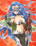  armor belly blue_eyes blue_hair blush breastplate cape cardfight!!_vanguard elf gloves instrument long_hair pantyhose player_of_the_holy_bow_viviane pointy_ears red_background shoulder_pads solo violin weapon 