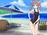  absurdres beach blush green_eyes highres mayo_chiki! niccoboss one-piece_swimsuit pink_hair ribbon swimsuit usami_masamune vector_trace 