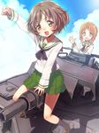  :d akiyama_yukari arm_up bad_id bad_pixiv_id bangs black_hair black_legwear blouse blush brown_eyes brown_footwear brown_hair cloud cloudy_sky day flying_sweatdrops girls_und_panzer green_skirt ground_vehicle loafers long_sleeves messy_hair military military_vehicle miniskirt motor_vehicle multiple_girls neckerchief nishizumi_miho ooarai_school_uniform open_mouth panzerkampfwagen_iv pleated_skirt school_uniform serafuku shoes short_hair sitting skirt sky smile socks straddling sweatdrop tank umeboshitora white_blouse 