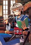  ahoge book calligraphy_brush choker glasses male_focus morichika_rinnosuke namisaki_yuka paintbrush sitting smile solo touhou yellow_eyes 