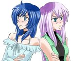  2girls arms_folded back-to-back back_to_back blue_hair blush bow cardfight!!_vanguard chocker choker collar crossed_arms green_eyes jewelry key long_hair multiple_girls narumi_asaka necklace purple_hair sleeveless sweater tokura_misaki 