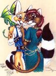  anthro belt bracelet brown_eyes brown_fur cacomistle chester_ringtail_magreer clothed clothing cougar couple dragon embrace feline feral fur gem green_dragon hair jewelry long_hair male mammal necklace open_mouth ponytail pose red_hair ringed_tail spots standing terrie_smith whiskers 