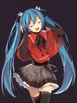  bison_cangshu black_background blue_hair closed_eyes dress hands_on_own_head hatsune_miku long_hair open_mouth simple_background solo thighhighs twintails very_long_hair vocaloid 