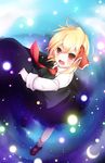  ascot blonde_hair danmaku darkness fang hair_ribbon highres kuroyume_(dark495) long_sleeves looking_at_viewer open_mouth red_eyes red_footwear ribbon rumia shirt shoes short_hair skirt skirt_set smile socks solo touhou vest white_legwear 