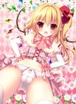  :d argyle argyle_background bare_shoulders blonde_hair blush breasts corset fang flandre_scarlet hands_on_hips kino_(kino_konomi) long_hair looking_at_viewer medium_breasts no_bra open_mouth panties red_eyes side_ponytail smile solo thighhighs touhou underboob underwear white_legwear white_panties wings 