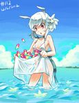  2012 animal_ears bare_legs bow bunny_ears catching choker dated day dj_max dj_max_portable dress flower hair_flower hair_ornament junkpuyo ocean pill red_eyes sash skirt_basket solo standing suee wading wet wet_clothes wet_dress white_dress white_hair 