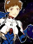  1boy blue_eyes brown_hair finger_to_mouth holding_hands ikari_shinji male_focus neon_genesis_evangelion nervous open_mouth out_of_frame plugsuit smile solo_focus star_(sky) sweat tegaki 
