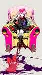  axe bow chair crack dress easy_chair elbow_gloves full_body gloves highres kneehighs long_hair mayu_(vocaloid) multicolored_hair nagimiso sitting solo vocaloid weapon yellow_eyes 